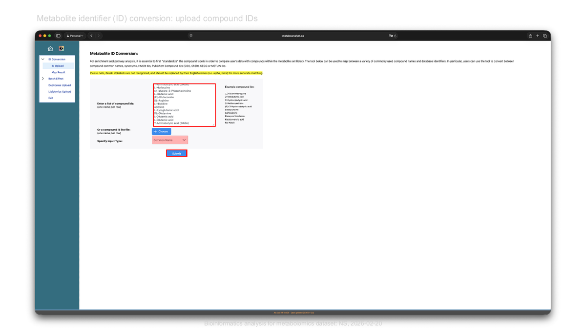 หน้าอัปโหลด compound ID ในโมดูล ID conversion